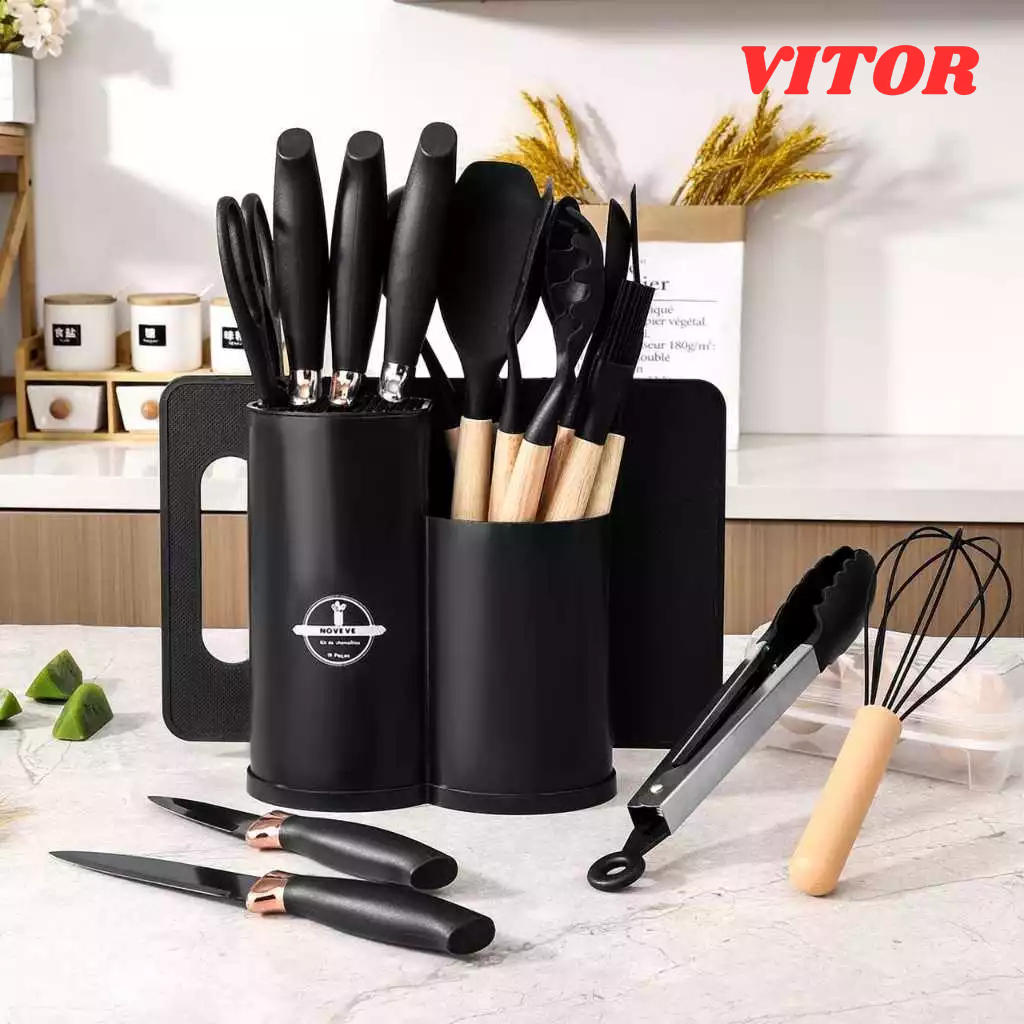 Kit 19 Peças NOVO Completo Jogo Utensílios Cozinha Luxo Tábua em Silicone Faca Tesoura 2000GR VITOR