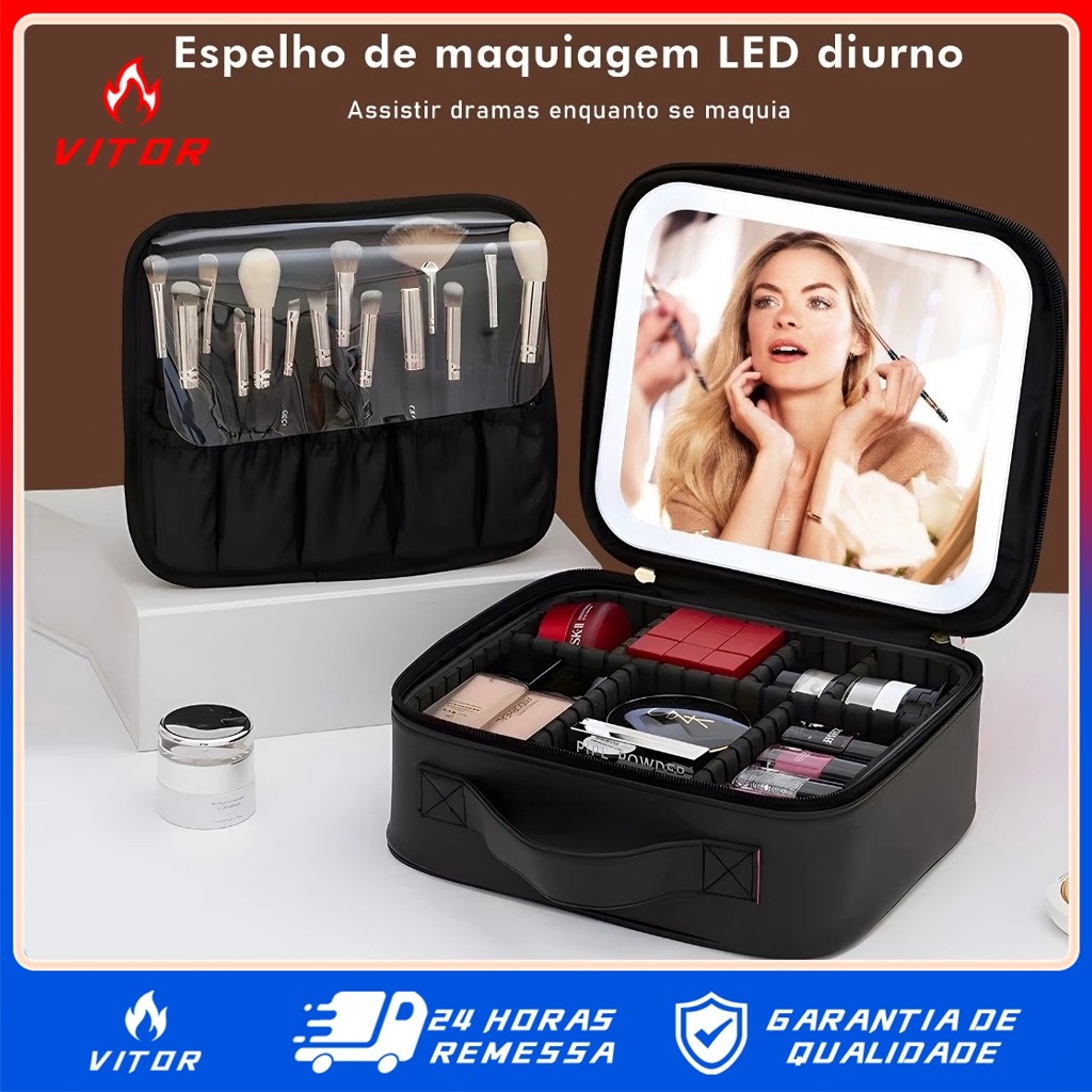 Bolsa De Maquiagem Com Espelho ICaixa Organizadora Pinceis Recarregável 3 Luzes VITOR