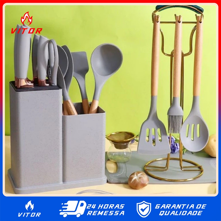 Jogo 19 Peças de Utensílios de Cozinha em Antiaderente e Resistente de Silicone Completo VITOR