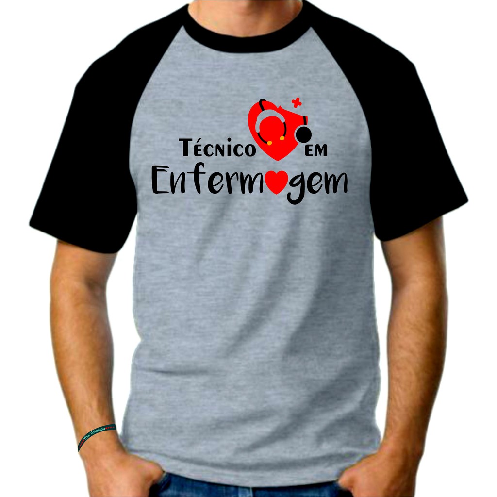 Camiseta Raglan Mescla Adulto Masculina, Amo técnico em enfermagem