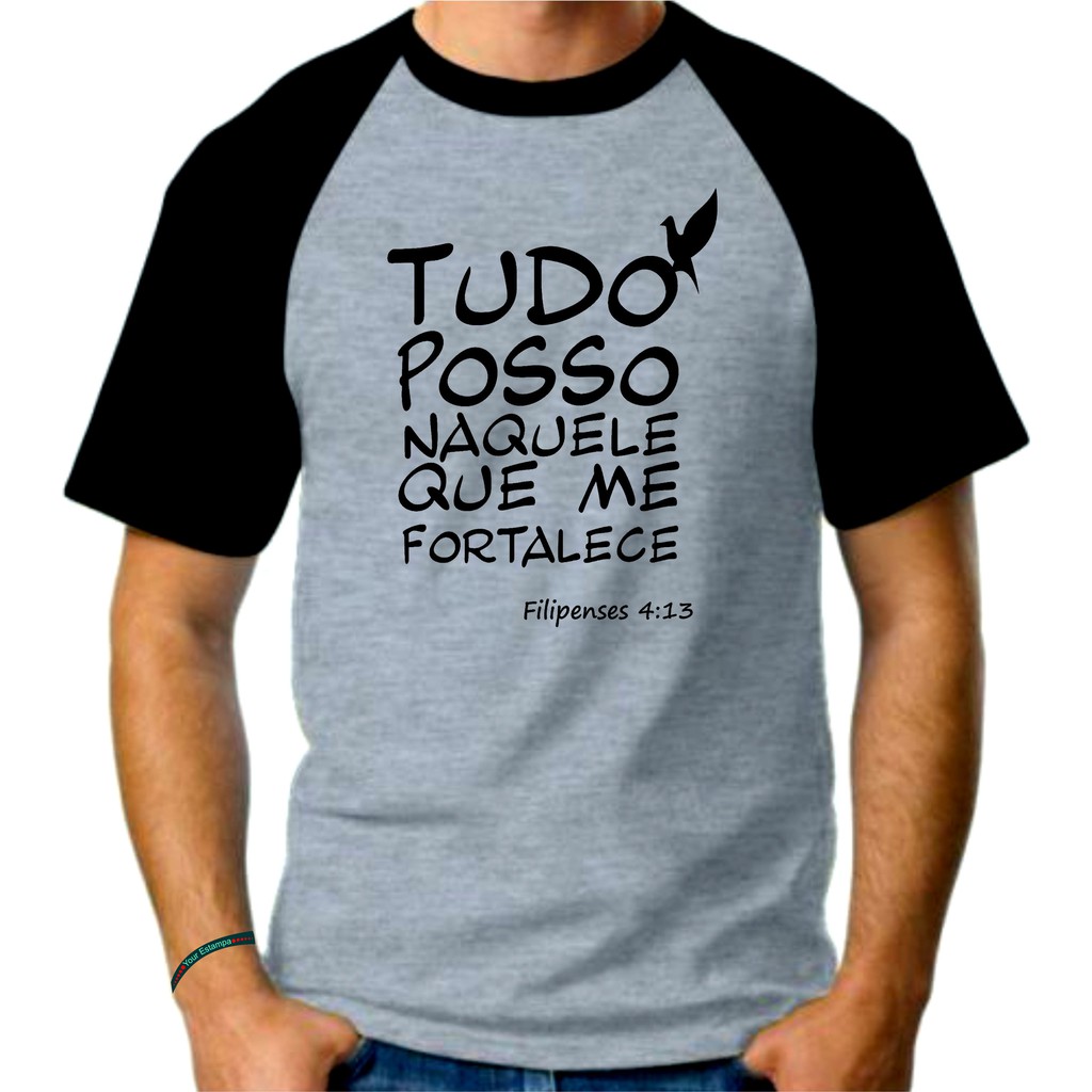Camiseta Raglan Mescla Adulto Masculina, Tudo posso Naquele que me fortalece