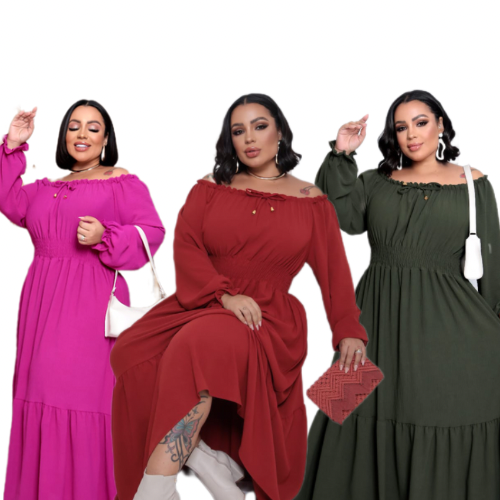 Vestido Plus Size Cigana Duna Liso – Ombro a Ombro com Lastex | Moda Evangélica G1 G2 G3 Inverno