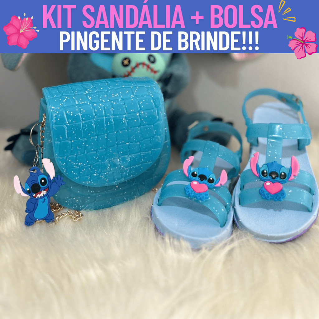 Kit Presente Menina Sandália com Bolsa Stitch e Pingente Conforto Visual Encantador