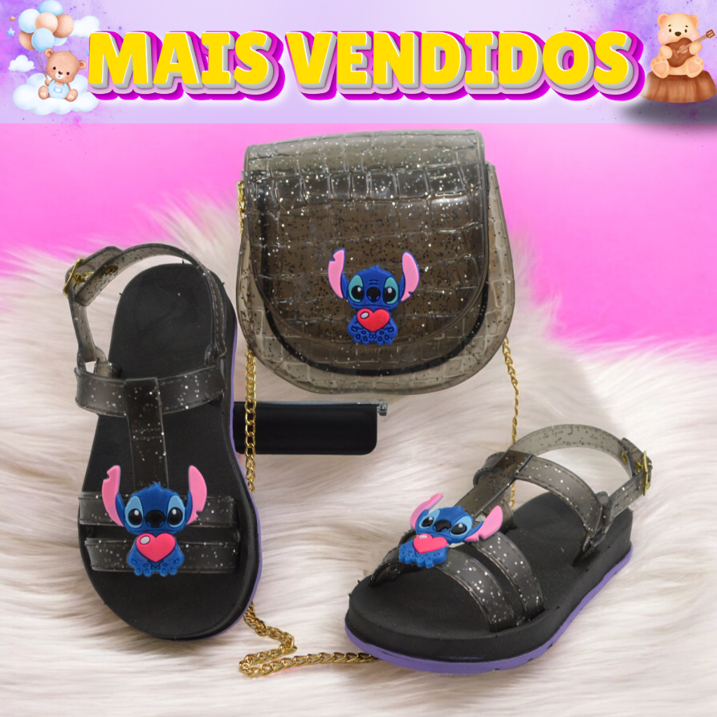 MAIS VENDIDO Kit Stitch Sandália + Bolsa Infantil Feminina Super Leve e Confortável