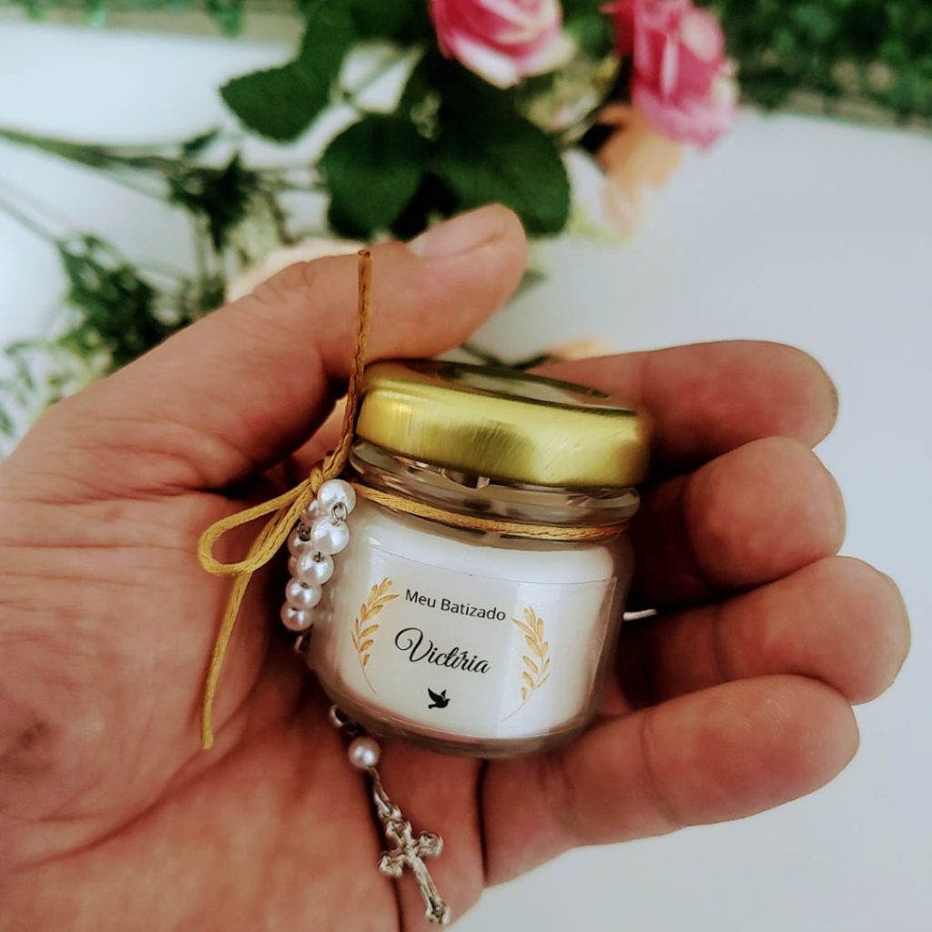 8 Velas Aromáticas com Mini Terço para Lembrancinha de 1ª Eucaristia