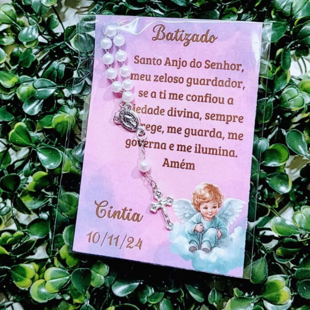 5 Lembrancinha Batismo Mini terço + Cartão personalizado