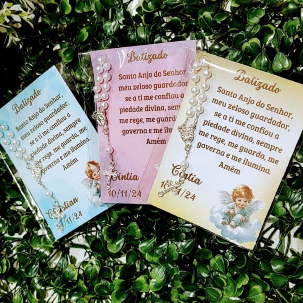 10 Lembrancinhas Batismo Mini terço + Cartão personalizado