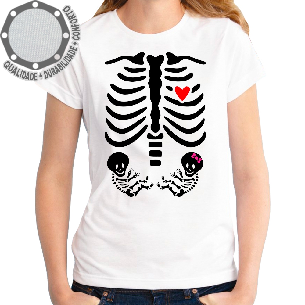 Camiseta Esqueleto Grávida Gêmeos Menino Menina Camisa Personalizada