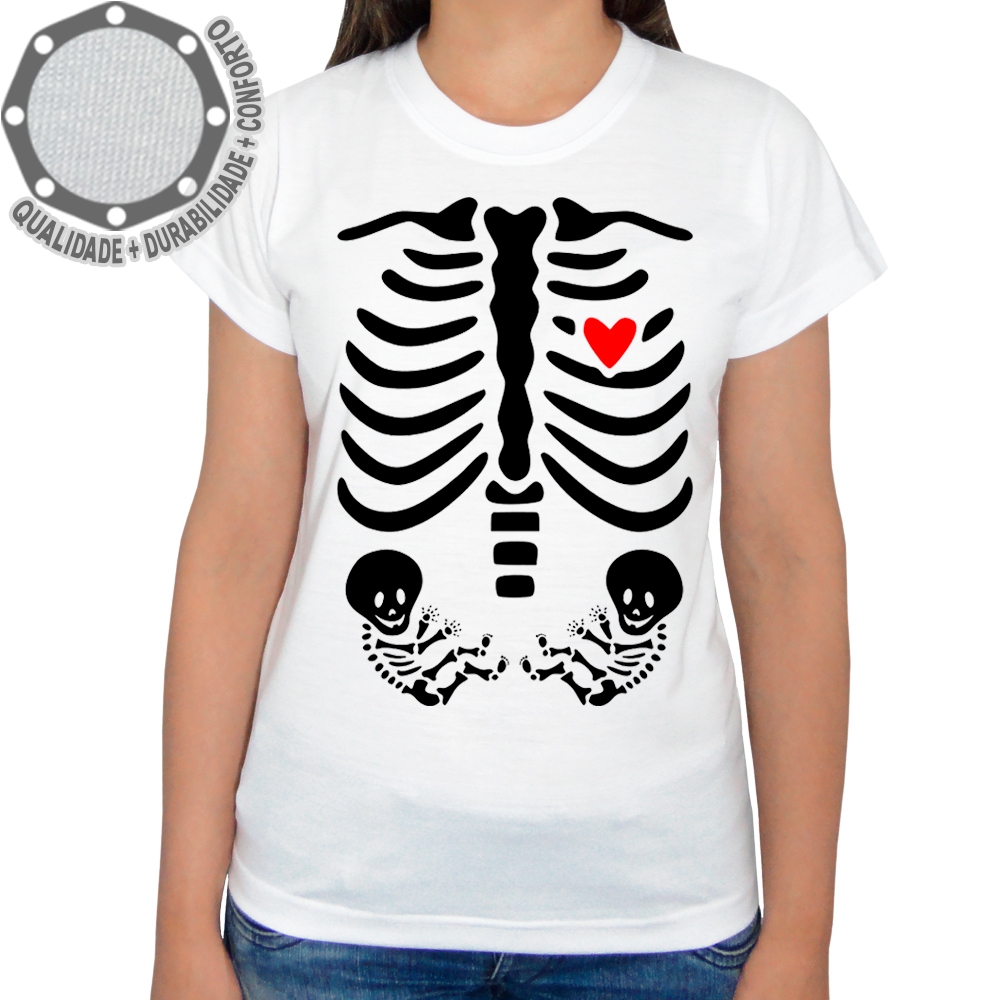 Camiseta Esqueleto Raio X Gestante Grávida Gêmeos Camisa Personalizada Adulto e Infantil