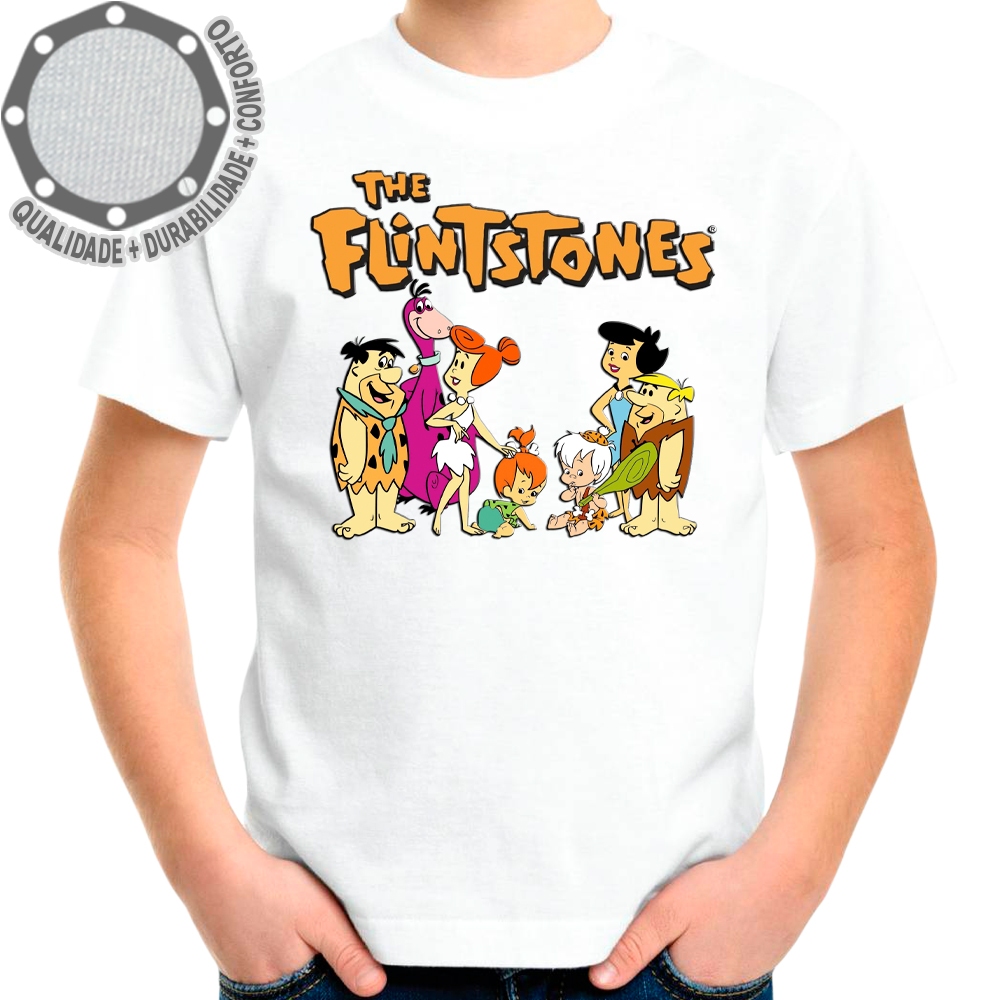 Camiseta Os Flintstones Personagens Logo Laranja Camisa Personalizada Adulto e Infantil
