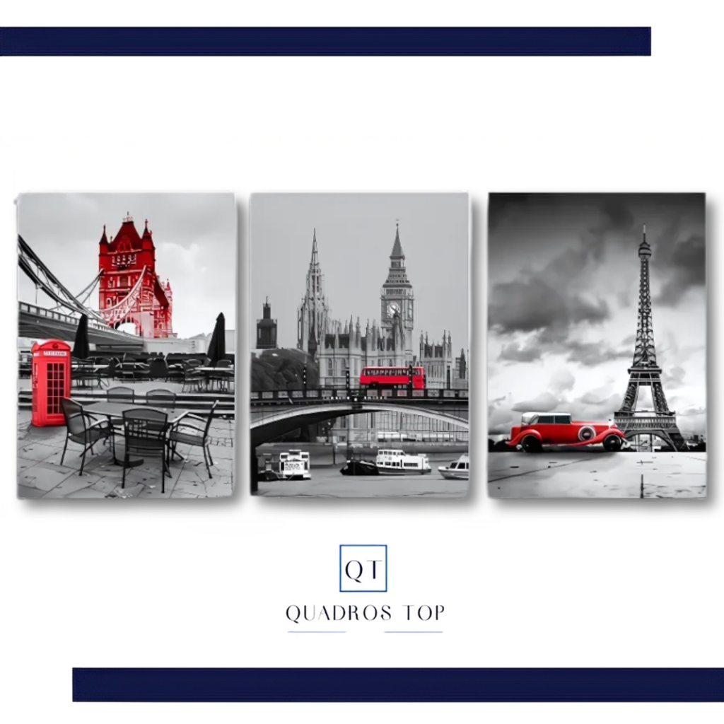 Quadros Decorativos Moderno Para Parede Quarto Sala Paisagem Torre Eifel Paris Londres Tons Vermelho