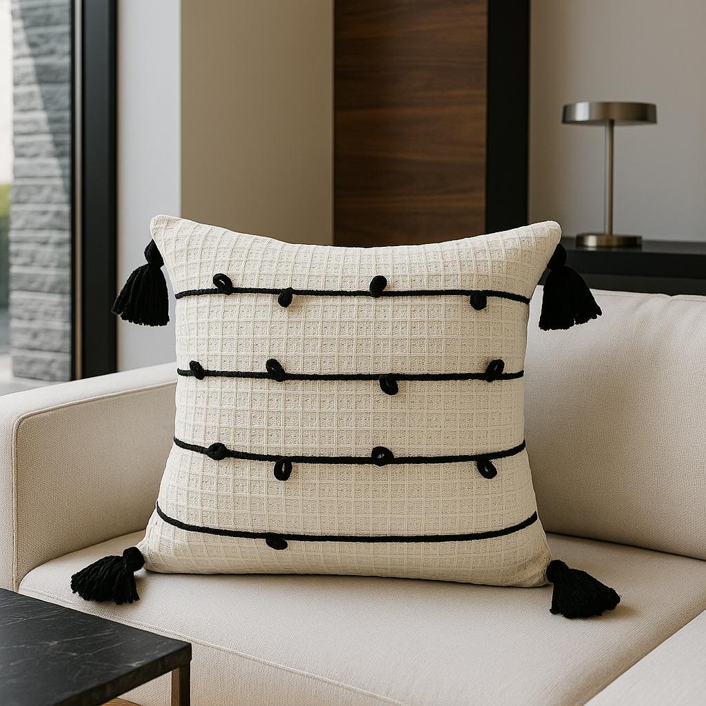 Capa de Almofada Boho Macramê Trançado 45x45 - Artesanal em Algodão Preto para Sofá e Cama