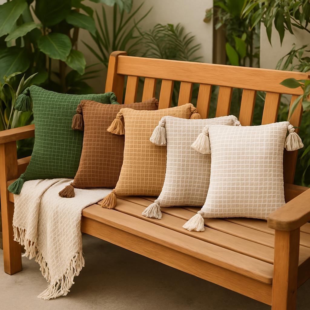 Capa de almofada boho 45x45 pompom piquet cru algodão bohochic em Oferta na Shopee