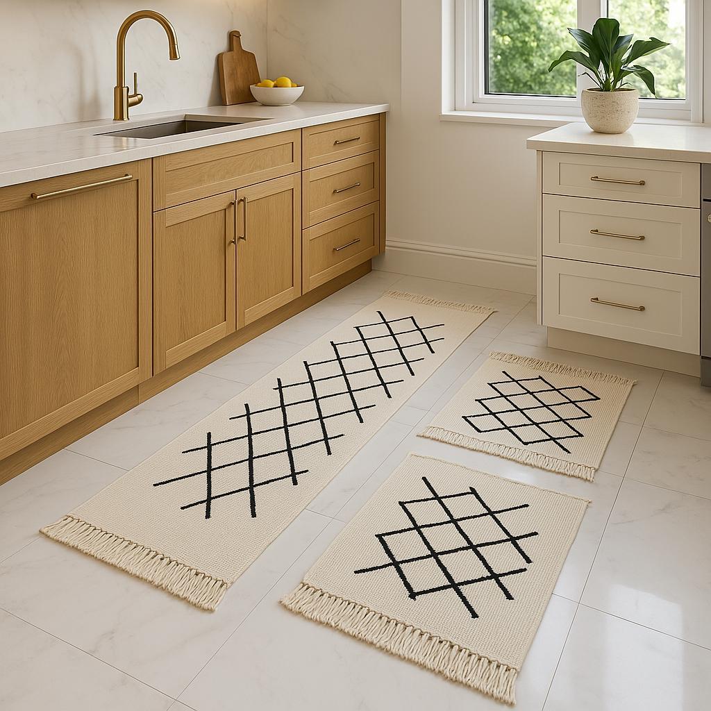 Kit tapete cozinha 100% algodão com passadeira geometric 3pç