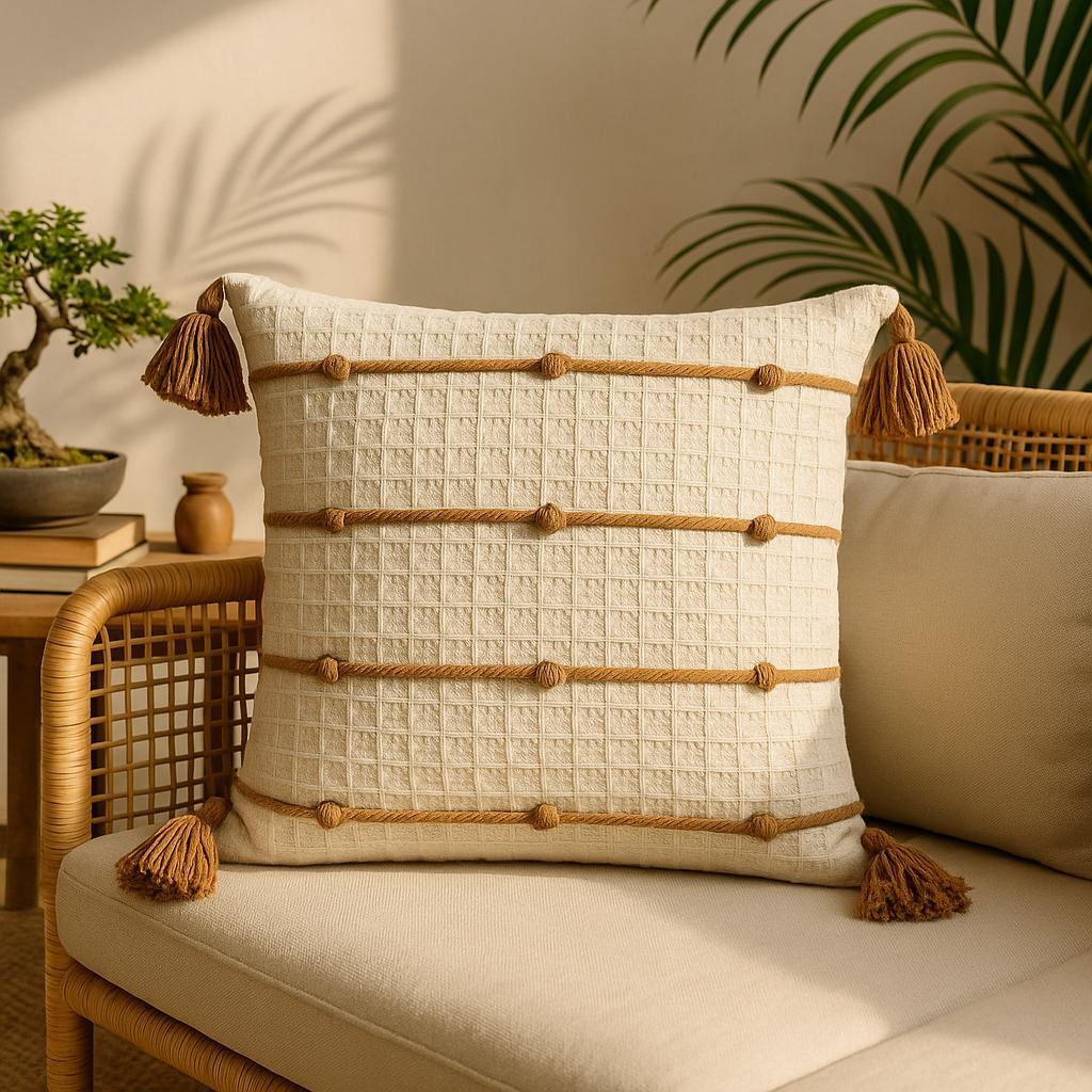 Capa Almofada Pompom Macramê Trançada Artesanal, Estilo Boho, Decorativa 45x45