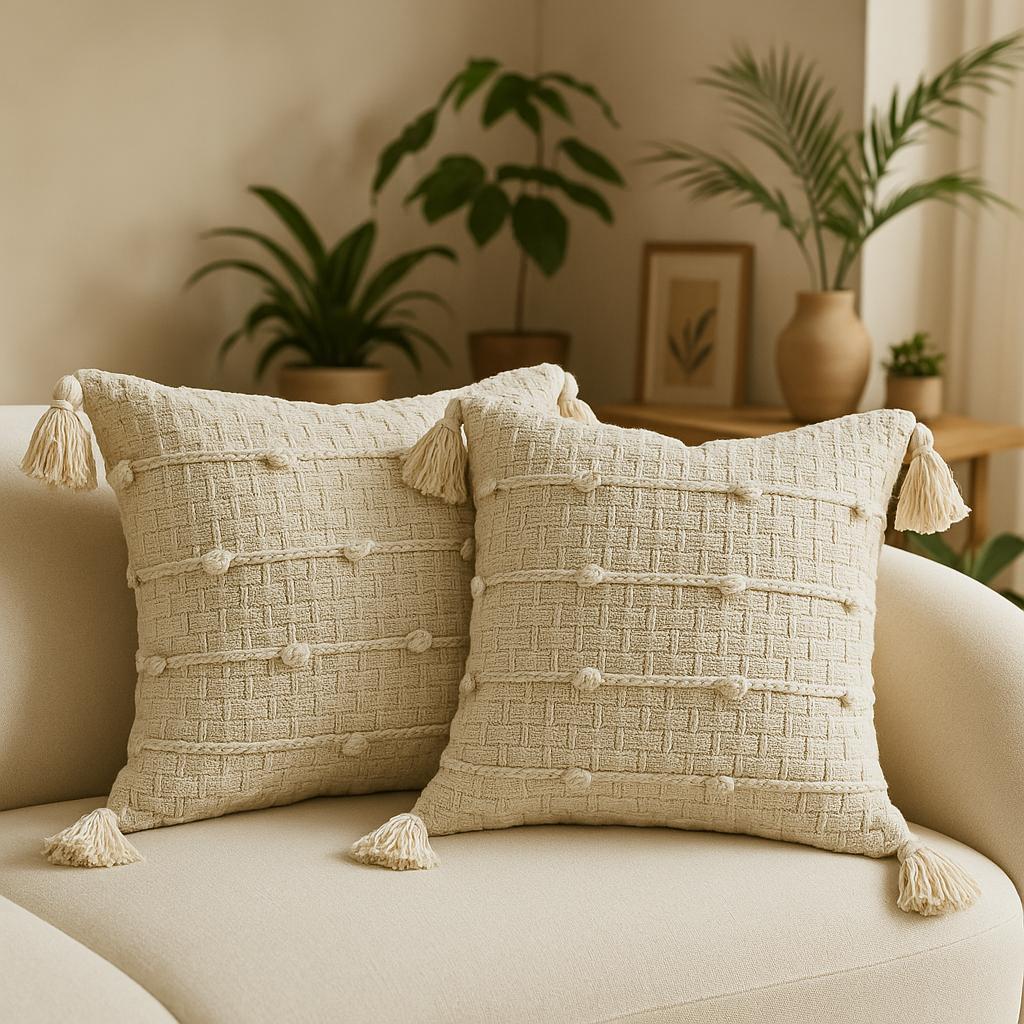 Capa Almofada Boho Cru Algodão Artesanal Decoração Trama Natural Pompom 45X45