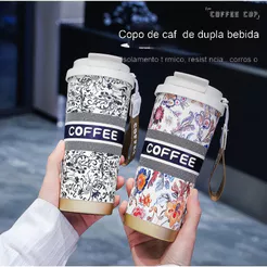 Copo Térmico de Café 500ml - Isolamento a Vácuo, Estampa Floral e Vintage P1805