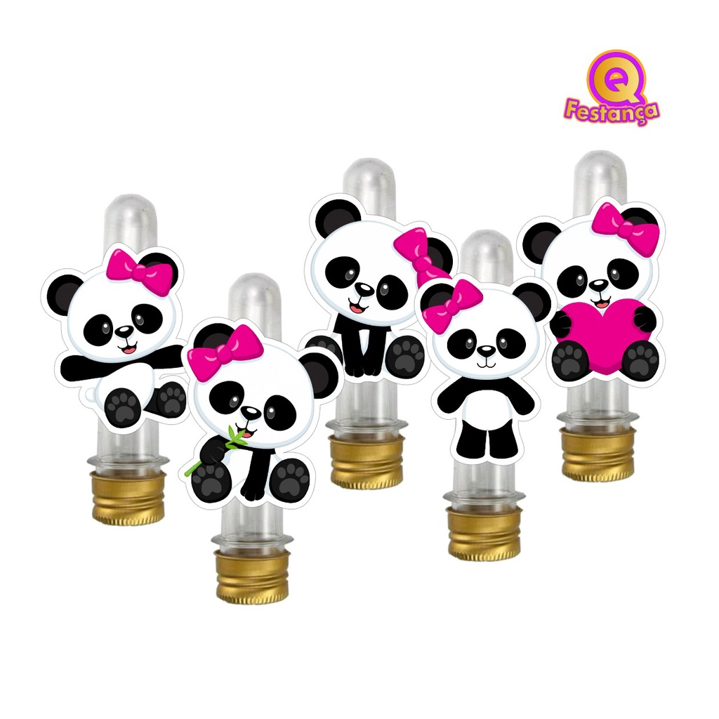 Tubete Acrílico + Apliques 3D Panda Rosa - VÁRIAS CORES Decoração Festa Aniversário Lembrancinha