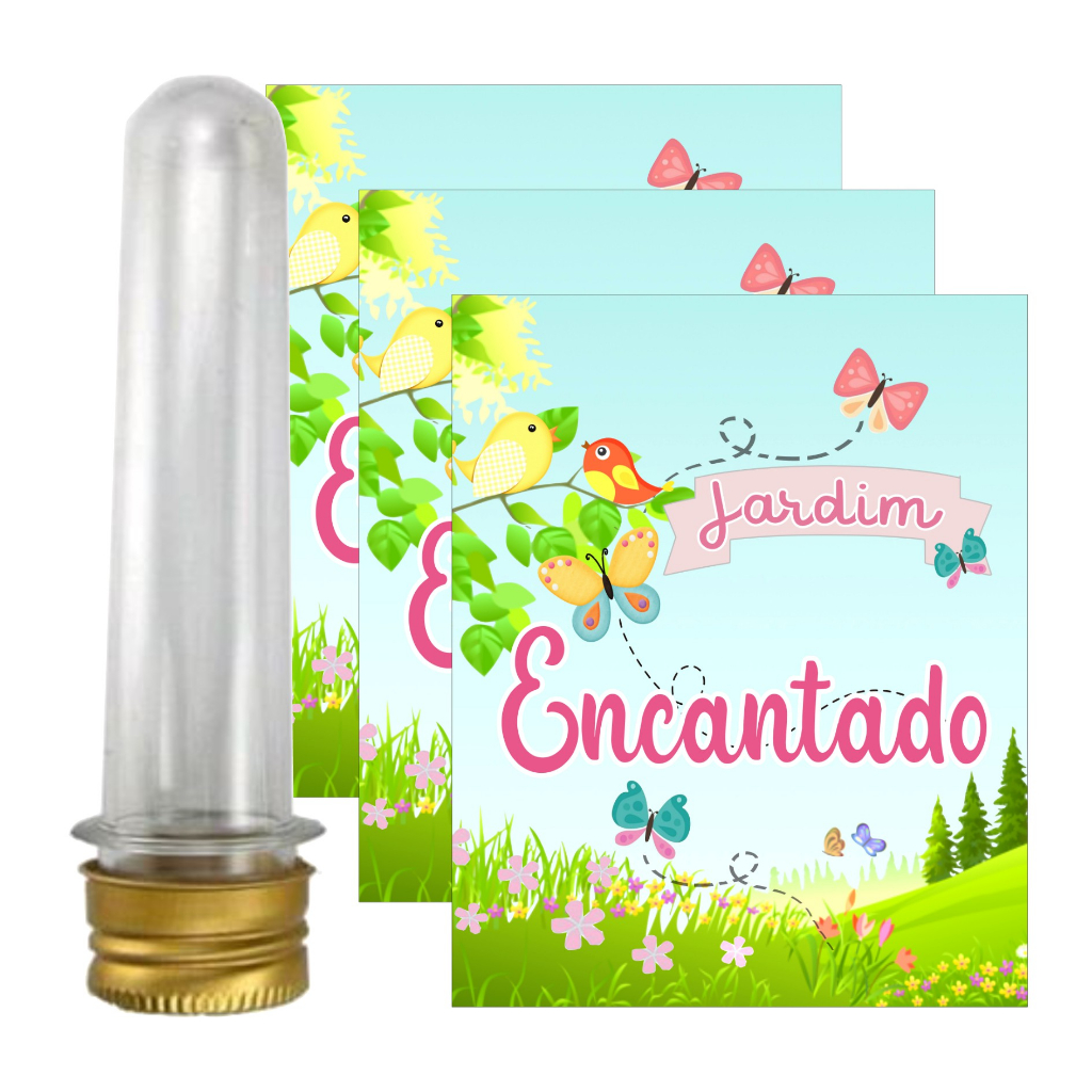 Tubete Acrílico + Aplique Adesivo Jardim Encantado- VÁRIAS CORES Decoração Aniversário Lembrancinha