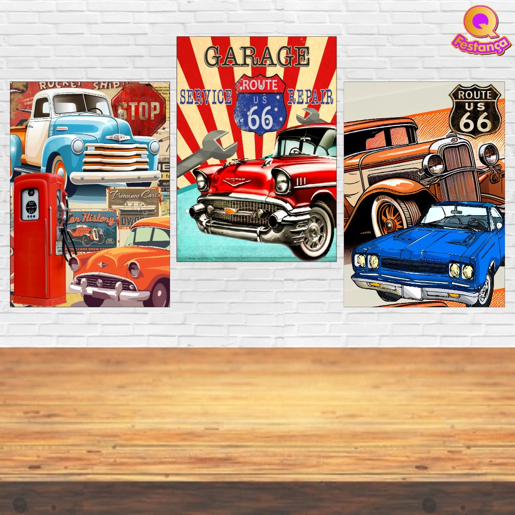 Poster Carros Antigos Vintage 30x40cm - KIT COM 3 POSTER - Decoração Festa Aniversário tema Carros Antigos.