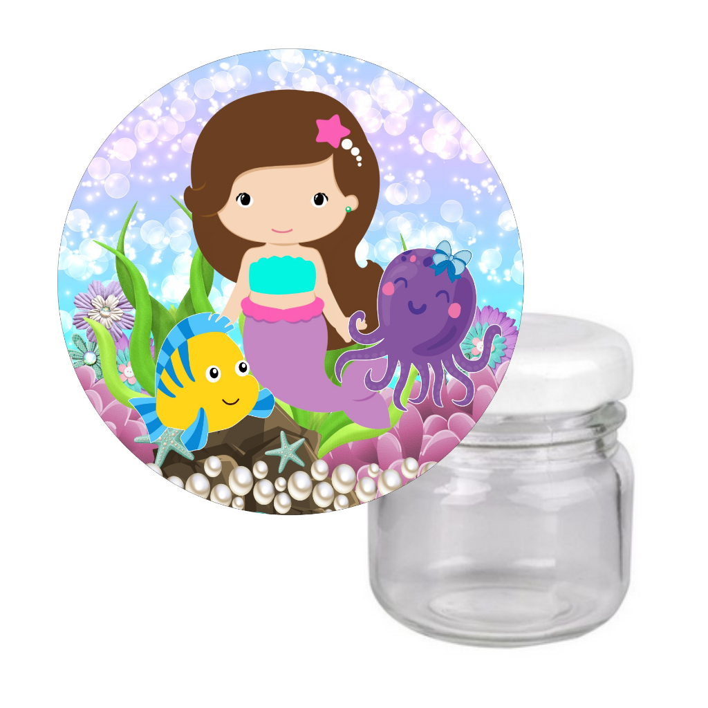 10 Adesivos Tampa para Potinho 40ml Sereia Cute - Decoração de Festa de Aniversário, Lembrancinhas de Festa.