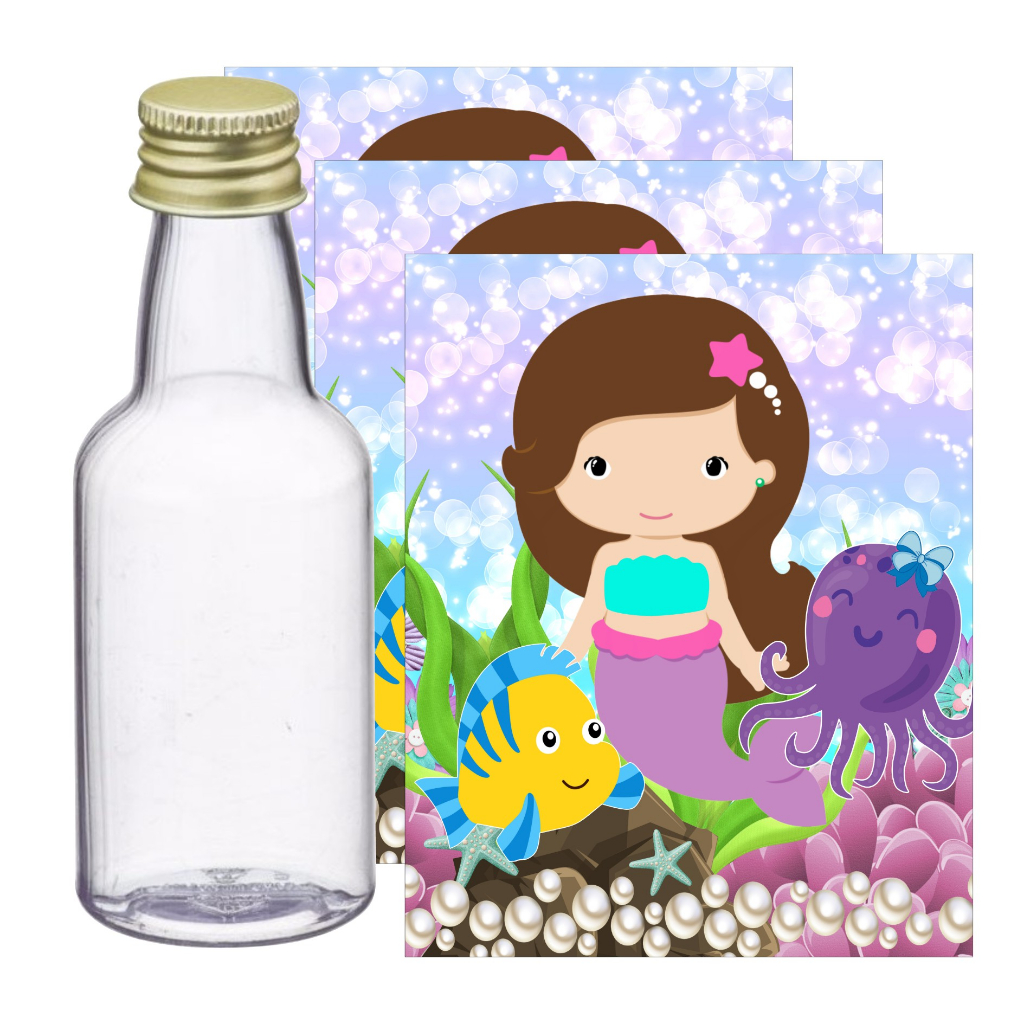 10 Adesivos para Garrafinha 50ml Sereia Cute - Pronto para ser aplicado, Lembrancinhas de Aniversário Tema Sereia.