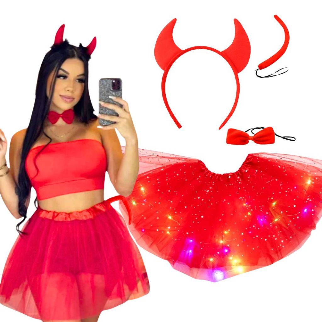 Fantasia Diabinho Capetinha com LED Carnaval- Saia LED Rabinho Tiara Gravata Cosplay Festa Halloween