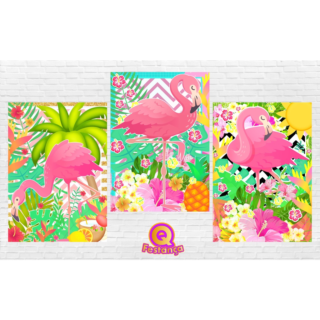 Poster Flamingo 30x40cm - KIT COM 3 POSTER- Decoração Festa Aniversário