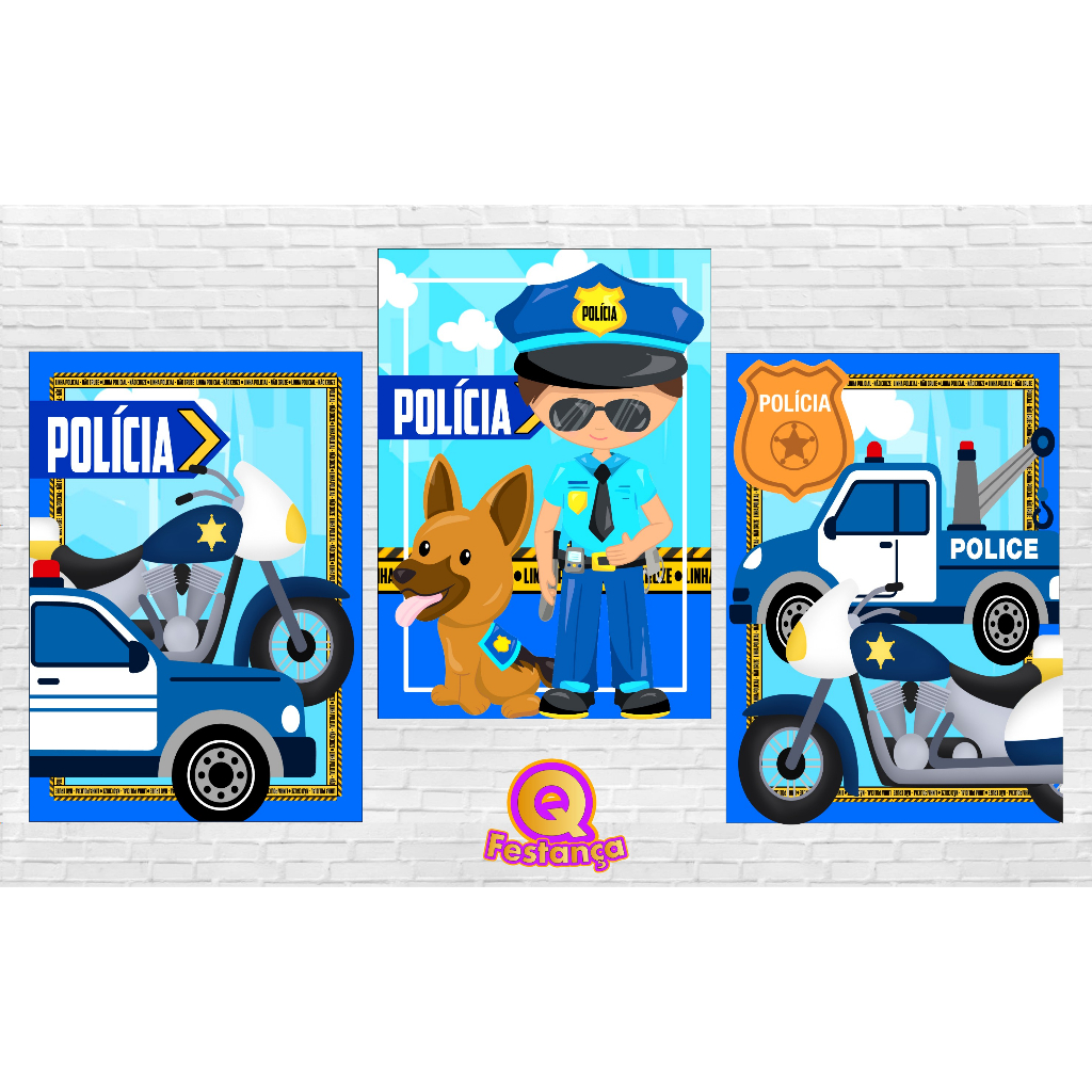 Poster Polícia Infantil 30x40cm - KIT COM 3 POSTER - Decoração Festa Aniversário tema Polícia.