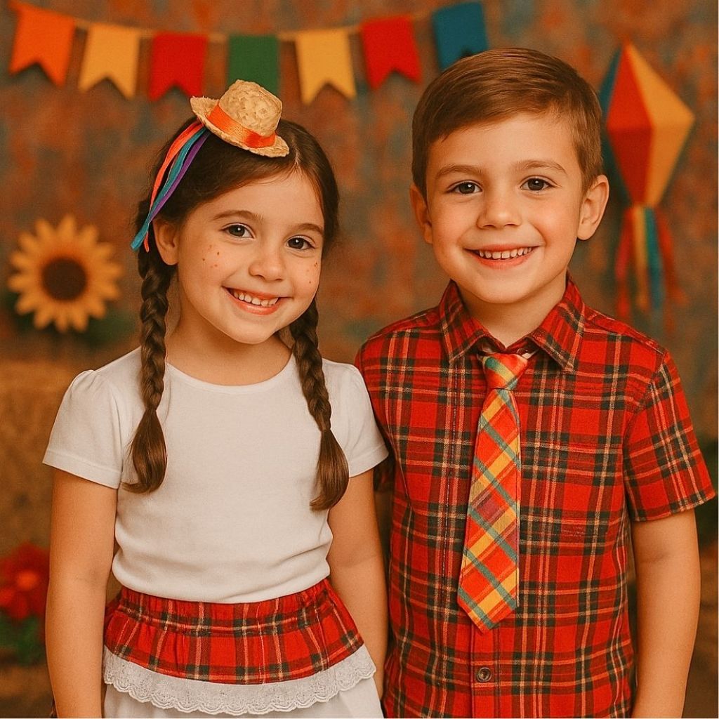 Kit Roupa Festa Junina Sinhozinho e Sinhazinha- Saia Junina Colete Acessórios Cabelo Gravata Junina