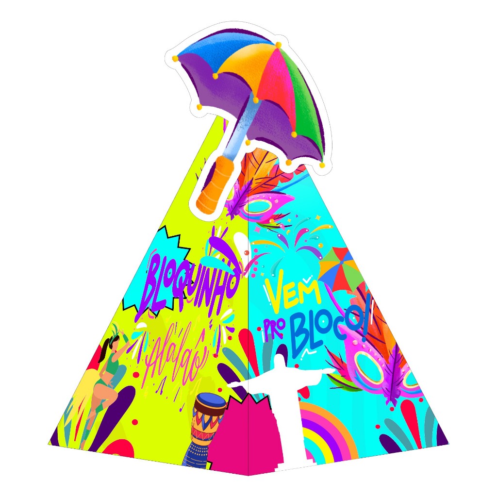 Caixa Cone Decoração Carnaval Folia com Aplique 3D - Decoração de Festa e Mesversário