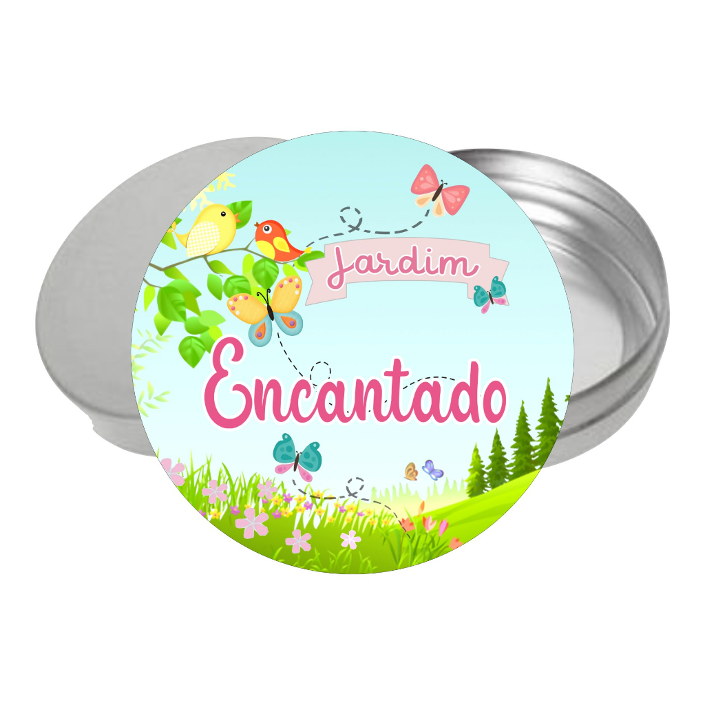 Adesivo + Latinha Jardim Encantado 5cm - Acrílico Decoração Festa Aniversário Lembrancinha