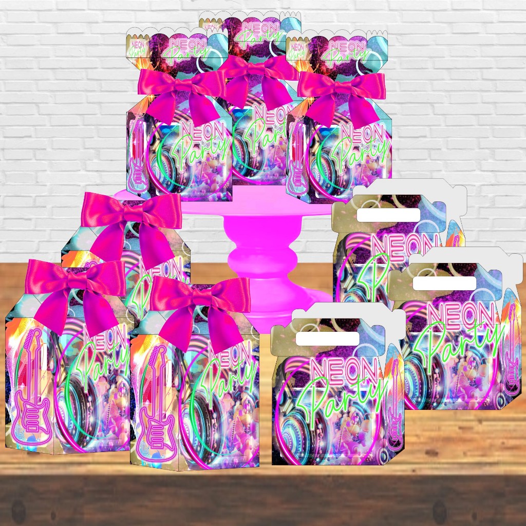 Kit 30 Caixinhas Decoração de Festa Balada Neon 2 em 1 Lembrancinhas - Tema de Festa Neon, Kit Balada, Kit Neon.