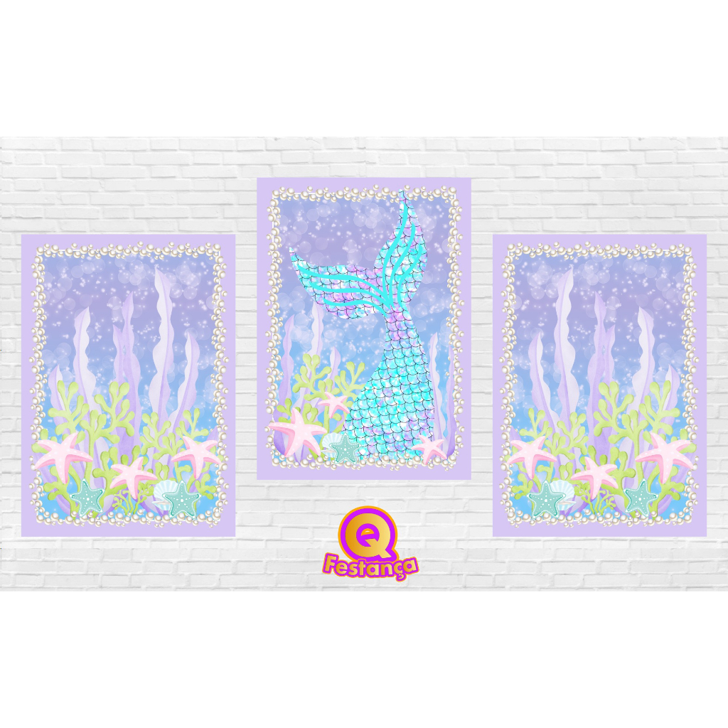Poster Sereia 30x40cm - KIT COM 3 POSTER- Decoração Festa Aniversário