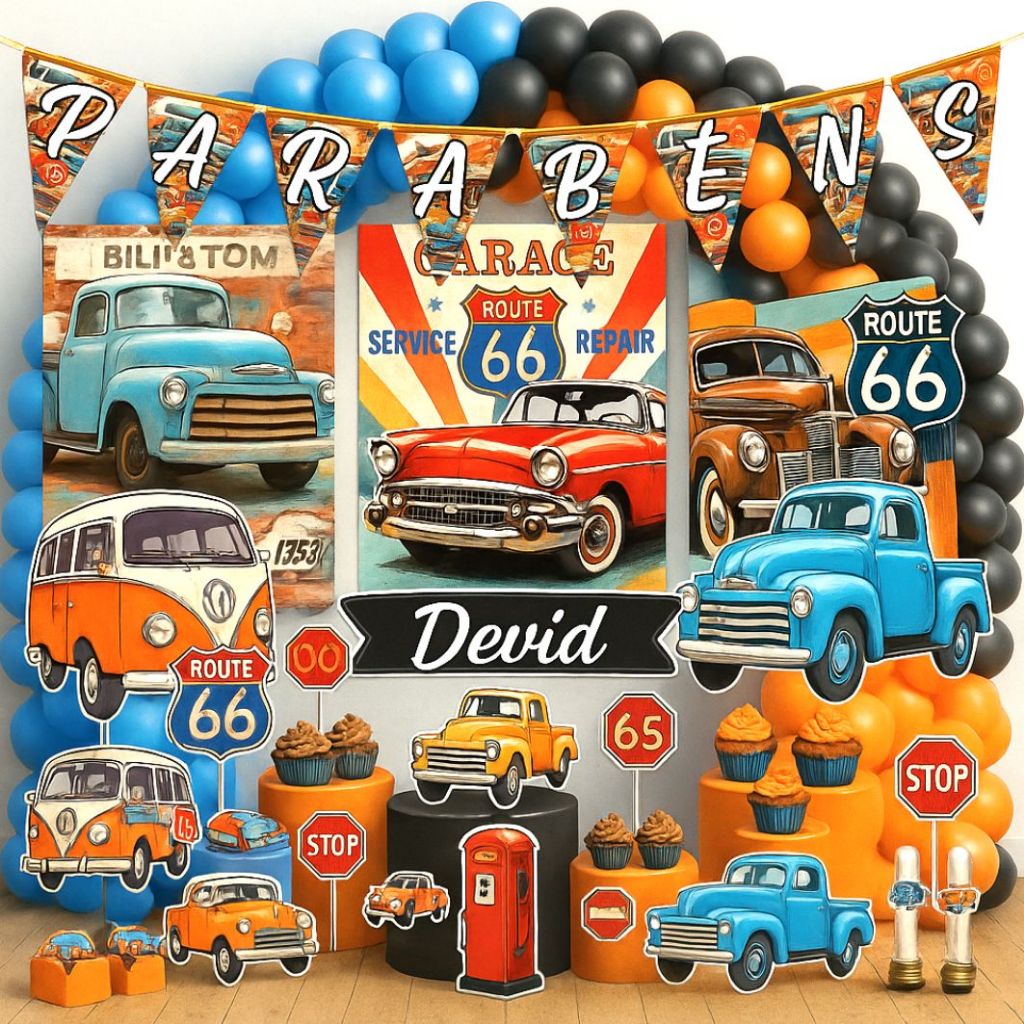 Kit Festa Aniversário Personalizado Carros Antigos Vintage 78 itens - Decoração Lembrancinhas Kombi