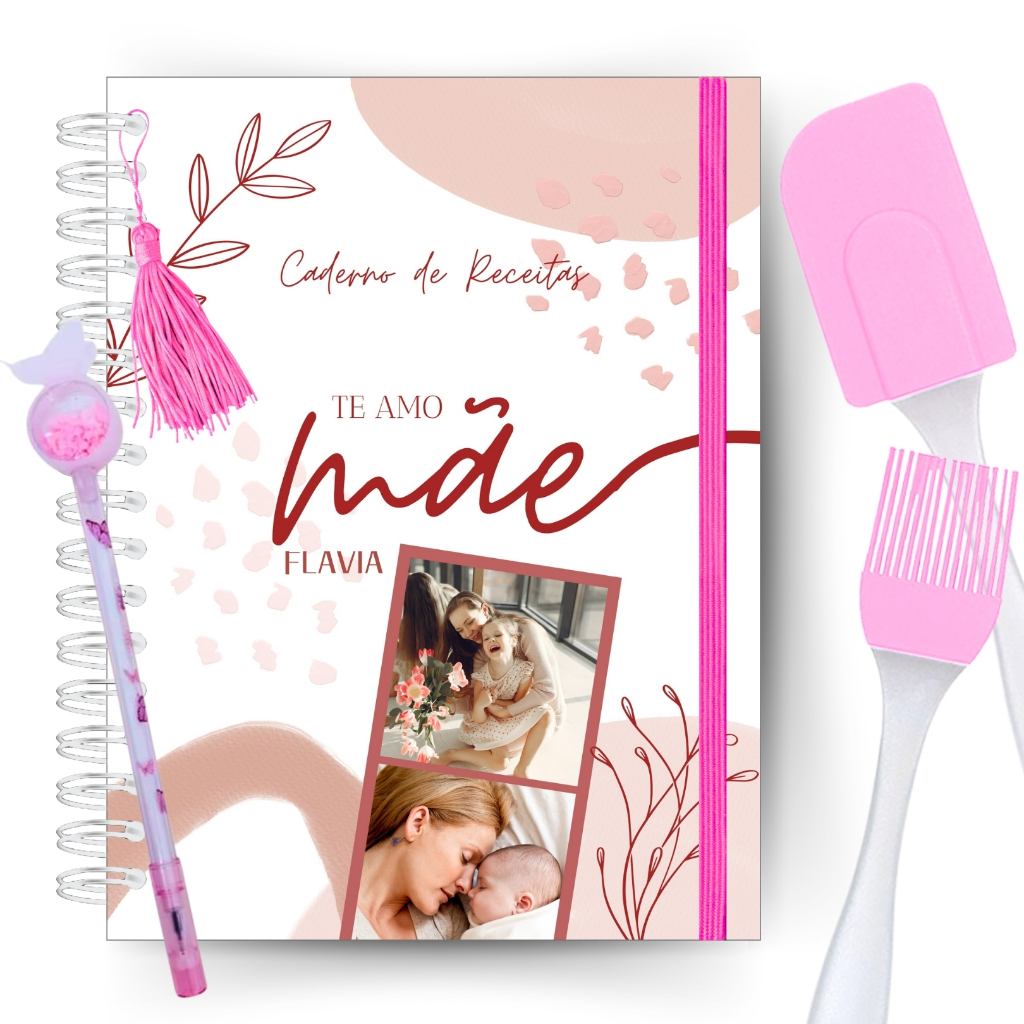 Caderno de Receitas Presente Dia das Mães Personalizado NOME e FOTO com Kit de Espátula Silicone