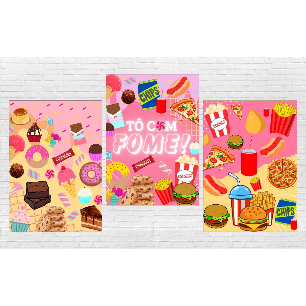 Poster Tô com Fome 30x40cm - KIT COM 3 POSTER - Decoração Festa Aniversário Tema Comida, Fast-food.