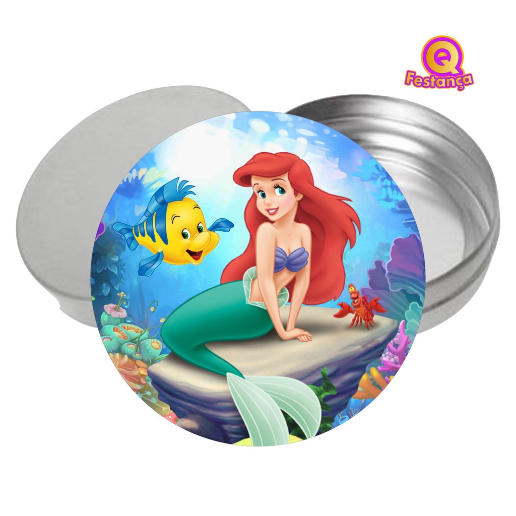 Adesivo + Latinha Ariel Pequena Sereia 5cm- Acrílico Decoração Festa Aniversário Lembrancinha