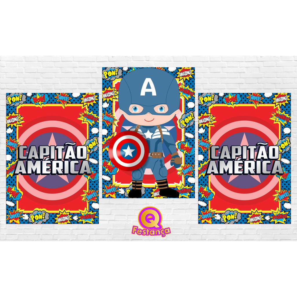 Poster Capitão América Cute 30x40cm - KIT COM 3 POSTER- Decoração Festa Aniversário