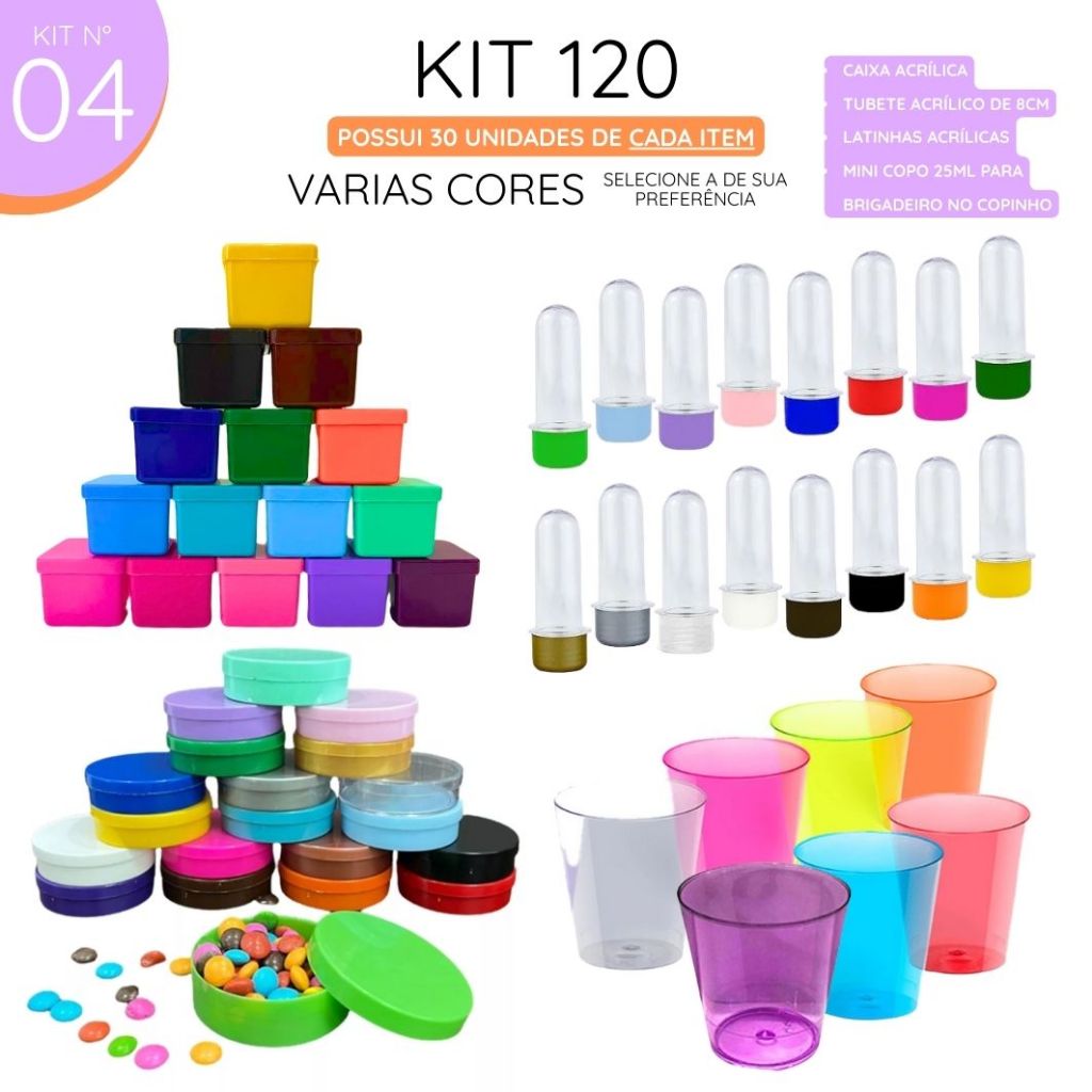 Kit Festa Lembrancinha Acrílico 120 ITENS Várias Cores - Caixinha Latinha Tubete Copinho Aniversário