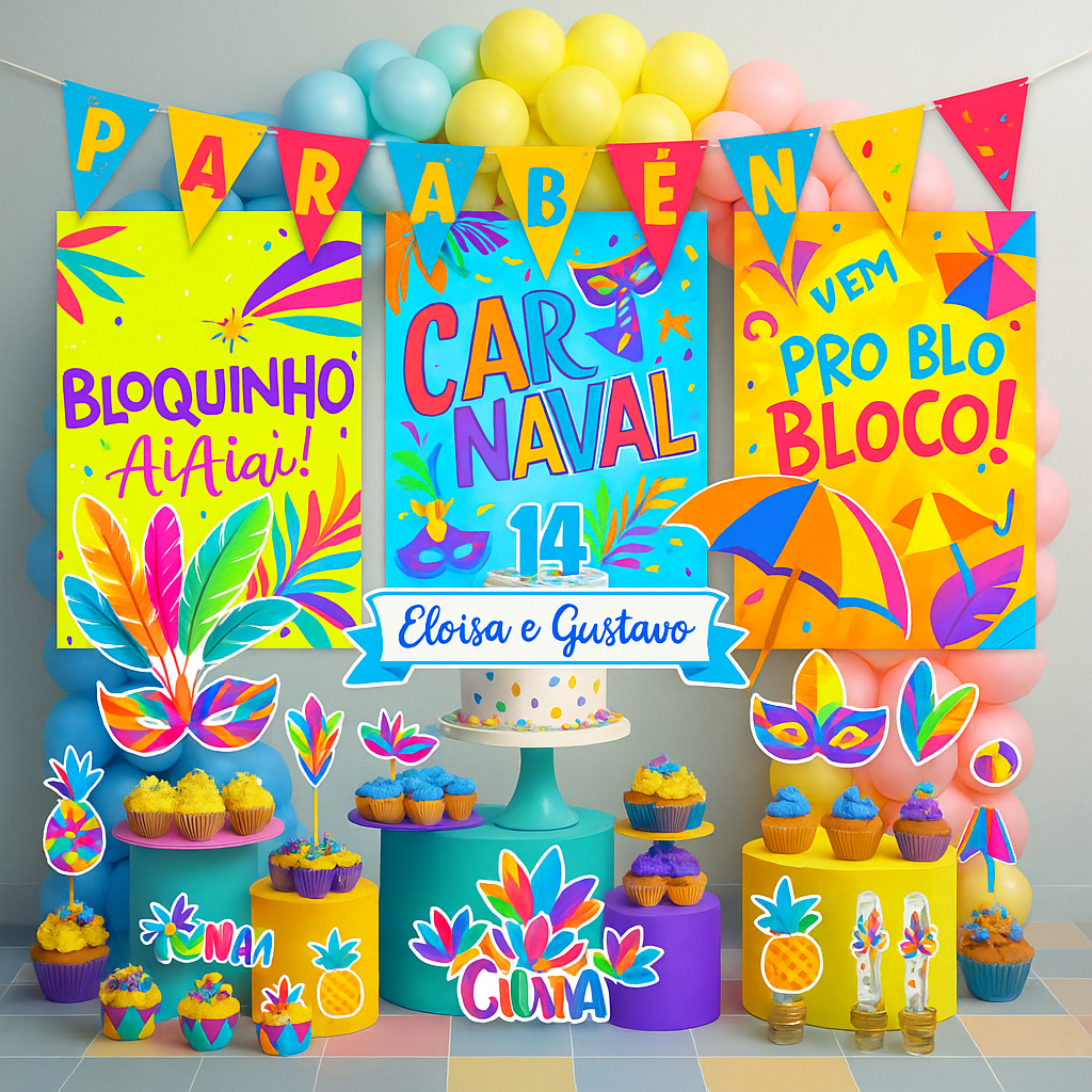 Kit Festa Aniversário Personalizado Carnaval Folia Bloquinho- Decoração Mesversario Lembrancinhas