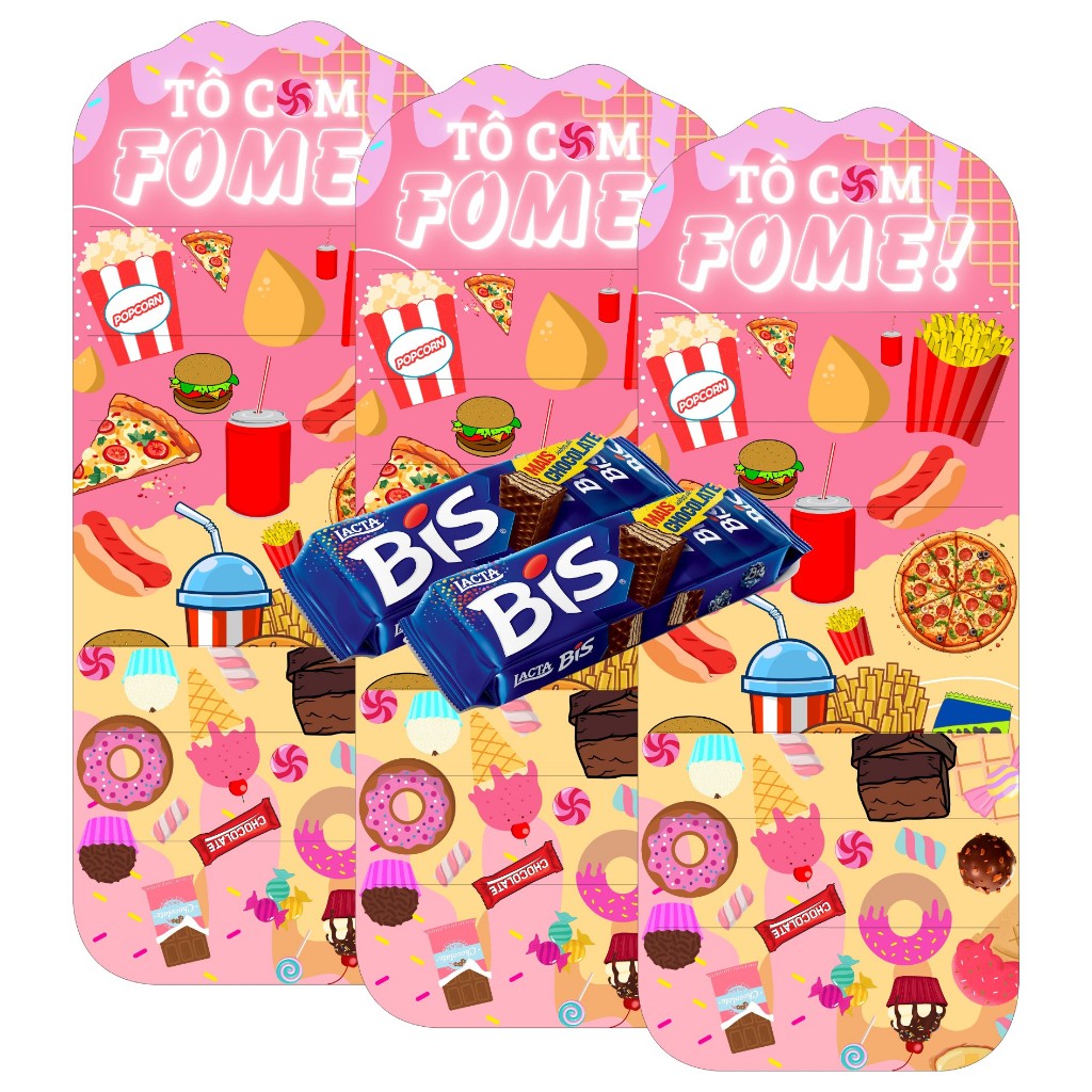 10 Porta Bis Duplo 3D Tô com Fome - Decoração de Festa Aniversário Tema Comida, Fast-food, Meme.