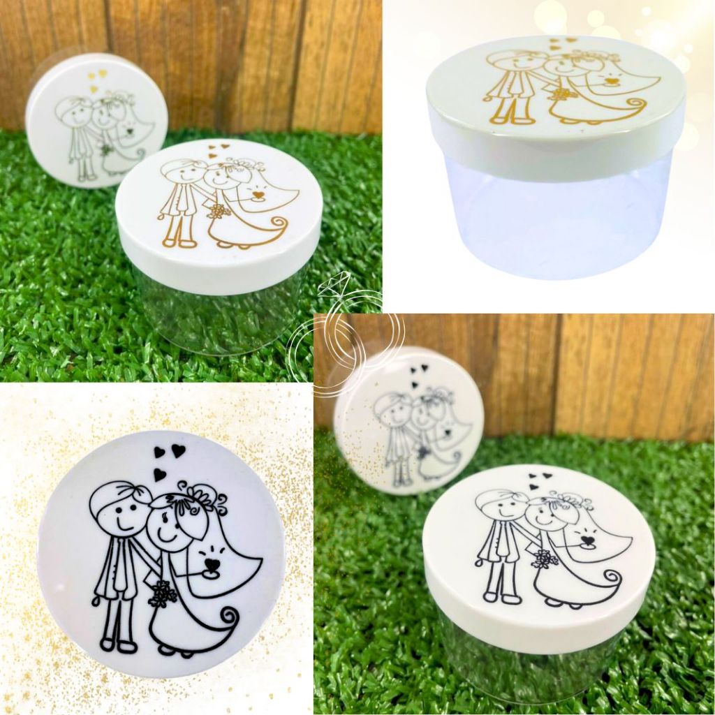 Pote Redondo Acrílico Noivinhos Dourado Branco 5cm Latinha Festa Casamento Chá Lembrancinha Latão