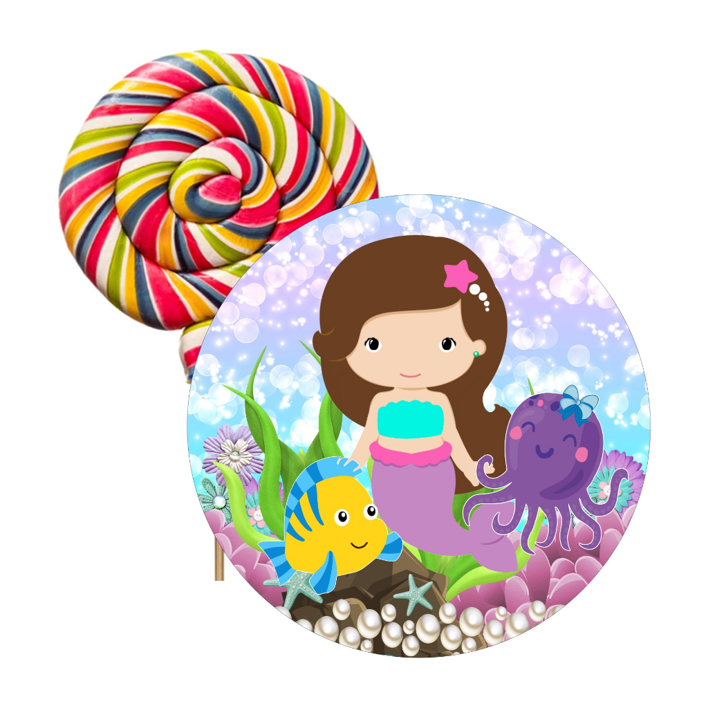 Adesivos Sereia Cute Pirulito 4cm - Lembrancinha Saquinho Surpresa Guloseimas Festa Aniversário
