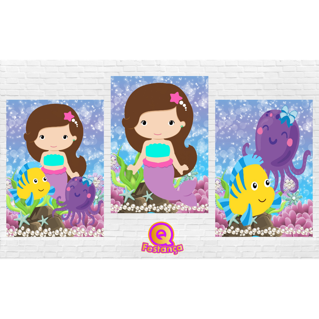Poster Sereia Cute 30x40cm - KIT COM 3 POSTER- Decoração Festa Aniversário