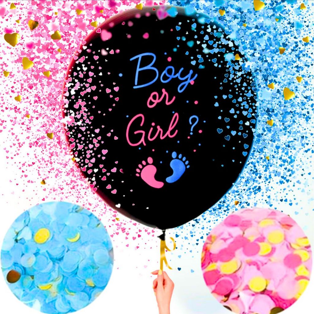 Balão Bexiga Chá Revelação GIGANTE 91cm Preto com Confete Rosa Azul- Boy Girl Menina Menino Baby