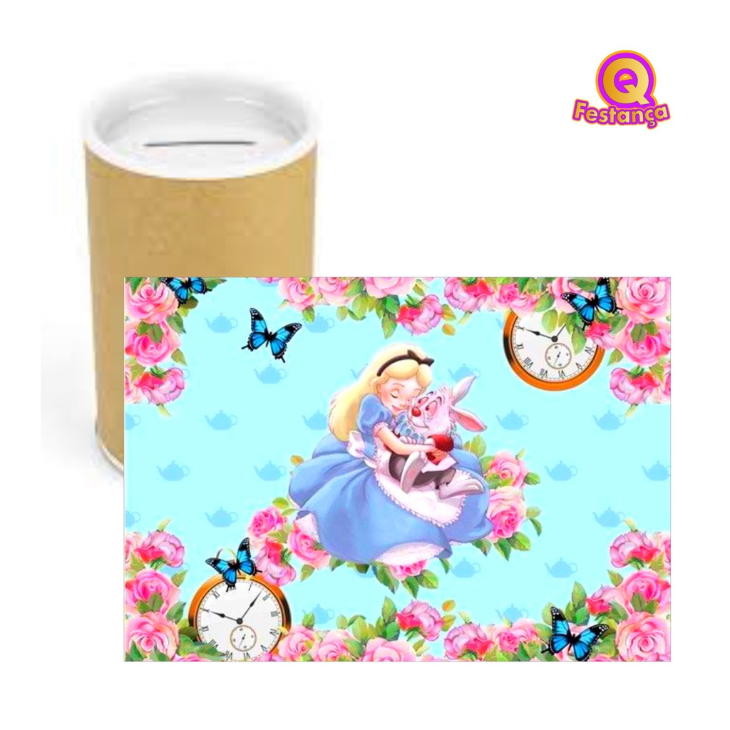 Cofrinho de Papelão + Adesivo Alice AQUARELA VÁRIAS CORES - Cofre Lembrancinha Festa Aniversário