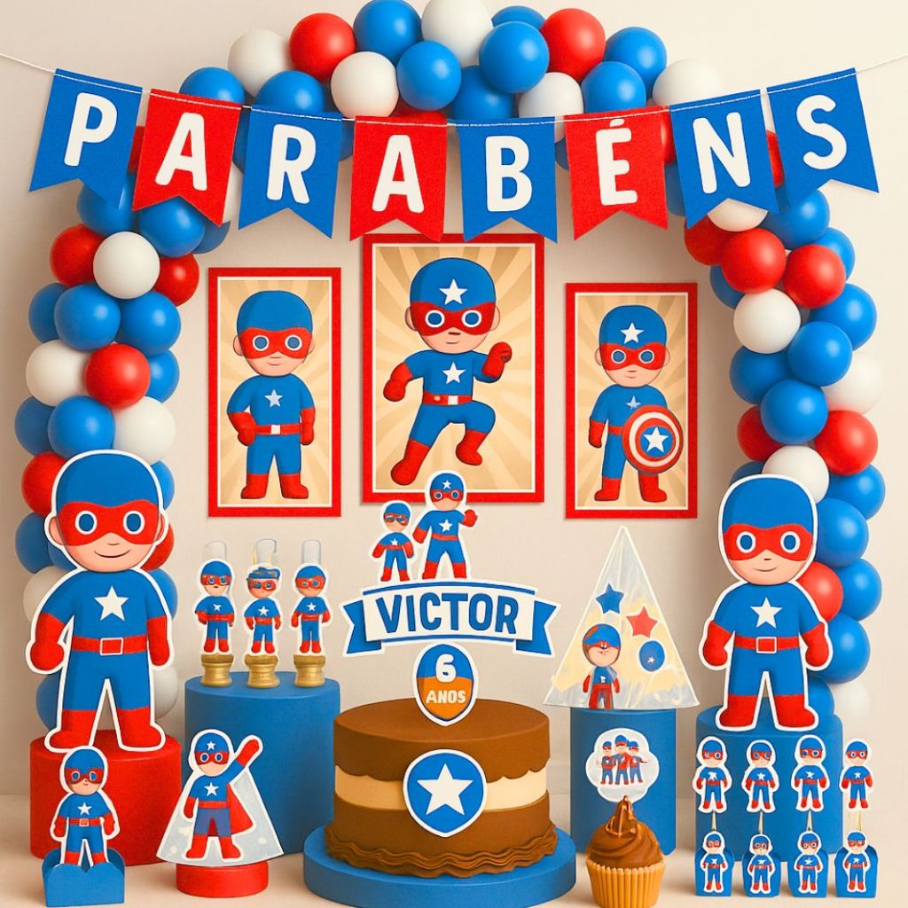 Kit Festa Aniversário Personalizado Capitão América CUTE 78 itens-Decoração Mesversario Lembrancinha