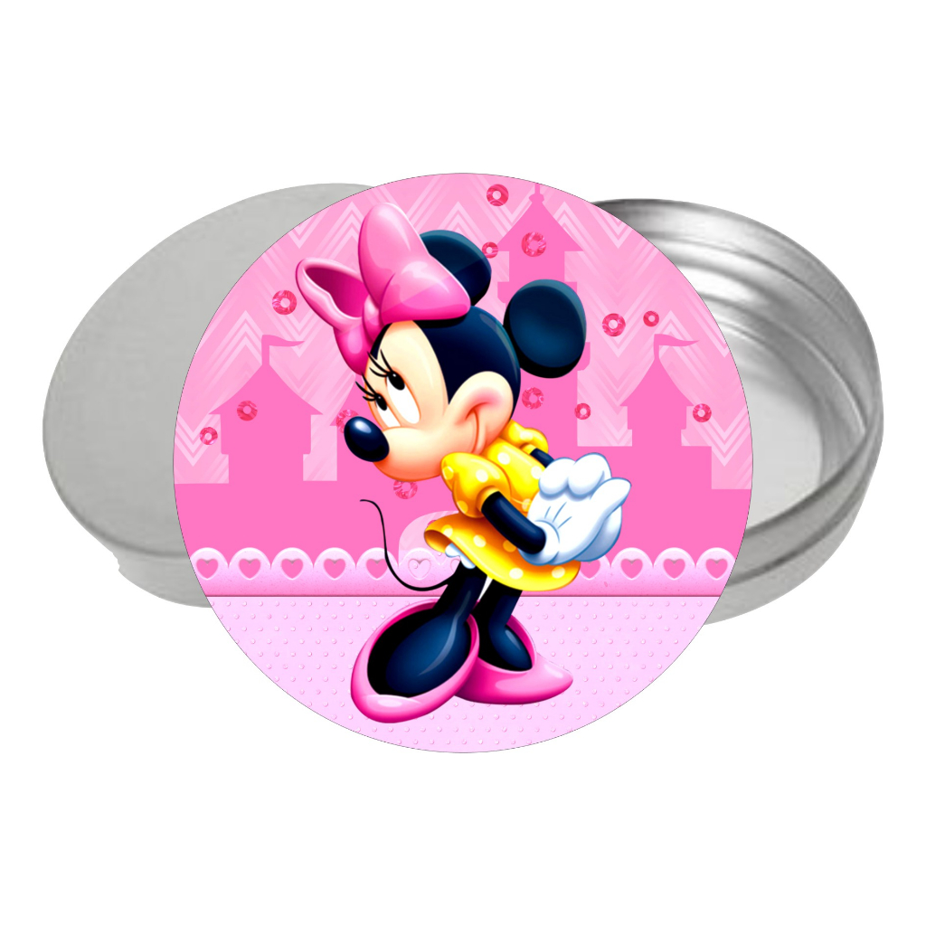 Adesivo + Latinha Minnie Rosa 5cm - Acrílico Decoração Festa Aniversário Lembrancinha