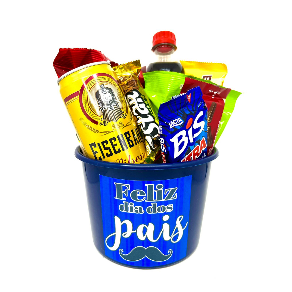 Kit Especial Dia dos Pais-Baldinho de Pipoca 1,5l com Adesivo Divertido-Kit Cesta Lembrancinhas